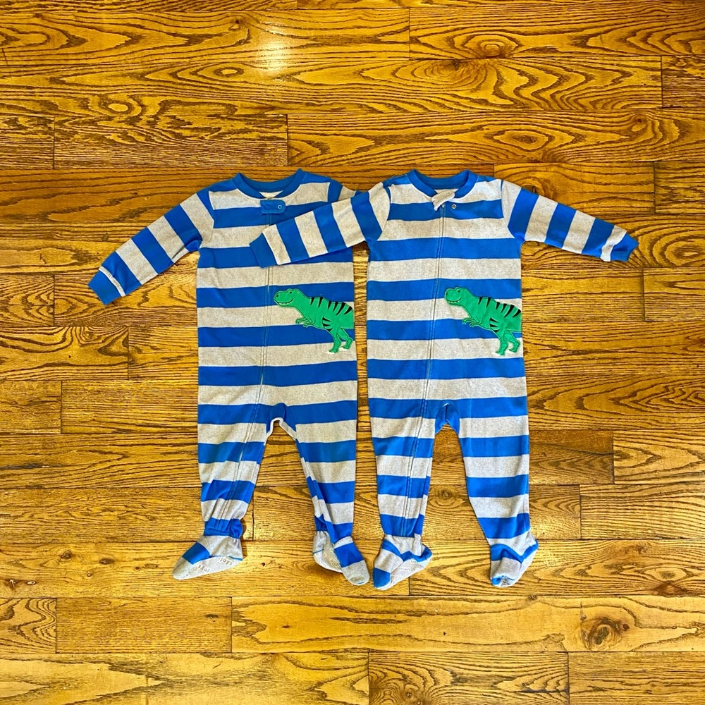 2/$15 Carter's Blue and Gray Striped Footies with Green Dinosaur - 24m